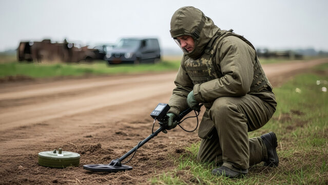 A sapper in a full protective suit kneels at the edge of a dirt road. He slowly, with utmost concentration, moves the probe of a metal detector over the ground. His face, covered in sweat, is tense, h