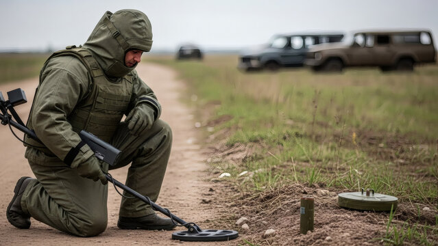 A sapper in a full protective suit kneels at the edge of a dirt road. He slowly, with utmost concentration, moves the probe of a metal detector over the ground. His face, covered in sweat, is tense, h