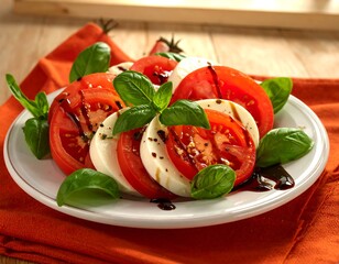 Caprese salad on white plate, topped with balsamic glaze and basil, against an orange cloth