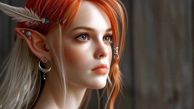 Dreamy Gaze of the Elf: A captivating portrait of an elf with fiery red hair and delicate features. The elf's eyes sparkle with an otherworldly wisdom, hinting at untold stories.