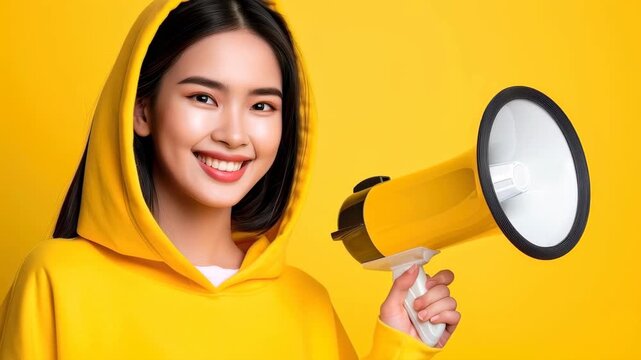 Empowered Voice: An Asian woman with radiant smile, holding a megaphone, advocating for change or sharing a message, stands against a bright, sunny background. - Powered by Adobe