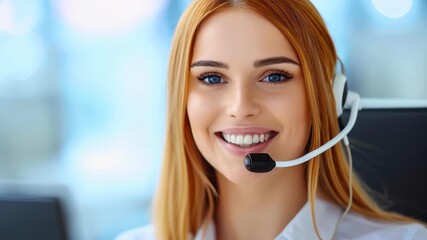 Professional Communication: A young woman with red hair, radiating warmth and competence, dons a headset, exuding a confident demeanor, engaged in customer service or support.