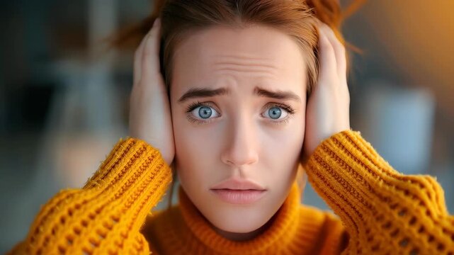 Overwhelmed: A portrait of a woman, hands covering ears, reveals a mix of fear and anxiety in response to external pressures. Capturing the raw and relatable struggle of stress.