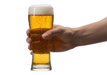 A manicured Caucasian male hand holds a polished Pilsner glass filled with golden lager, creamy foam, and condensation on a transparent background, concept for beverage advertising
