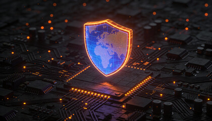 Neon orange shield with blue digital mesh sitting on a dark electronic circuit board with microchips, glowing lights and a futuristic protective atmosphere