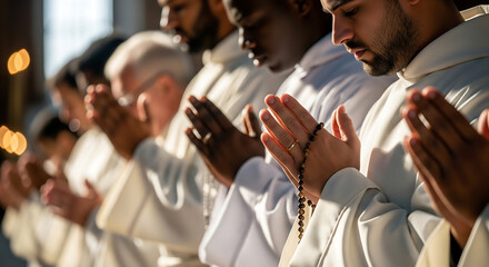 Obraz premium Group of Religious Men Praying in a Church - Symbol of Spirituality and Faith