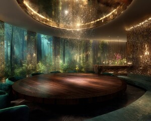 Luxury Round Table In Modern Circular Room With Dark Wood And Green Walls