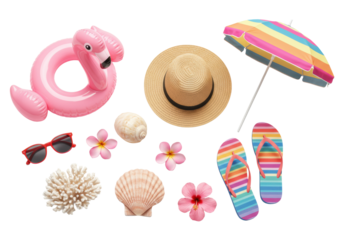 Photorealistic flat lay of summer accessories: pink flamingo swim ring, straw hat, red sunglasses, and beach umbrella on white, tropical luxury holiday concept