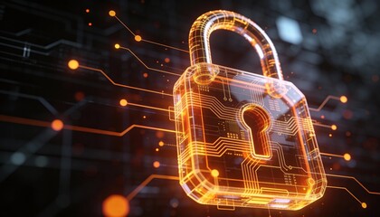 Glowing digital padlock cyber security data protection blockchain quantum circuit encryption firewall secure network neon 