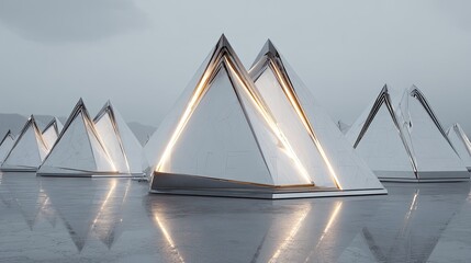 Illuminated White Pyramids In Water