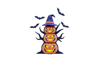 Stack of Carved Halloween Pumpkins with Witch Hat and Bats