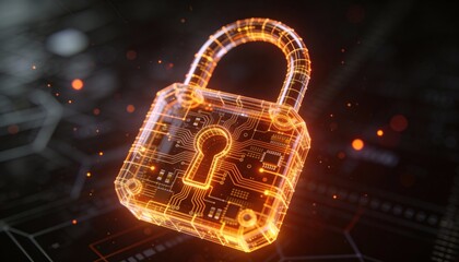 Glowing digital padlock cyber security data protection blockchain quantum circuit encryption firewall secure network neon 