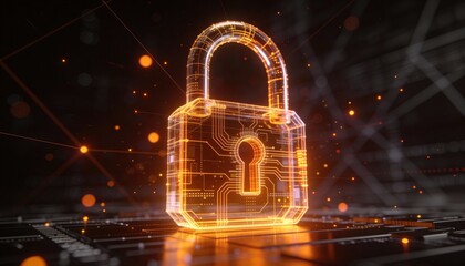 Glowing digital padlock cyber security data protection blockchain quantum circuit encryption firewall secure network neon 