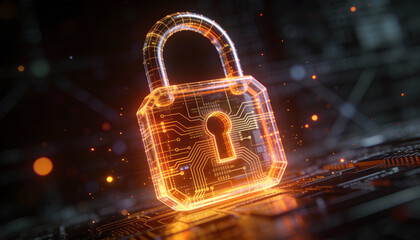 Glowing digital padlock cyber security data protection blockchain quantum circuit encryption firewall secure network neon 