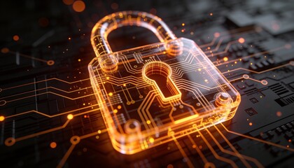 Glowing digital padlock cyber security data protection blockchain quantum circuit encryption firewall secure network neon 