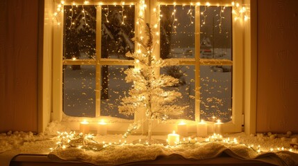 Festive Holiday Window Scene with Small Snow-covered Tree and Warm Candle Lights