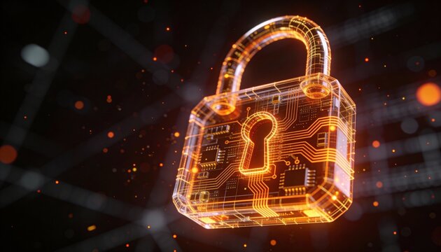 Glowing digital padlock cyber security data protection blockchain quantum circuit encryption firewall secure network neon  - Powered by Adobe