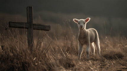 A young lamb stands near a rustic wooden cross in a field of dry grass. The scene evokes themes of faith, innocence, and spiritual guidance in nature. Gentle lighting creates a serene atmosphere
