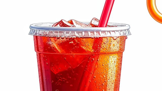 Refreshing red beverage with ice cubes and a straw in a plastic cup.