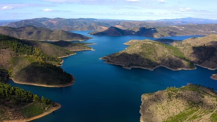 Aerial view from Miradouro da Serpente do Medal, a stunning panoramic view over the Sabor Lakes, namely the Medal Lake and the Sanctuaries Lake. 