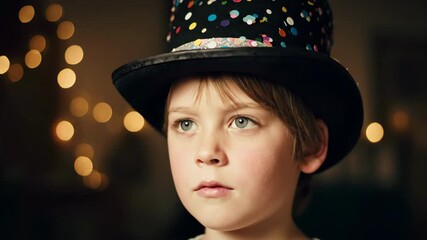 Close-up of a young boy with light blue eyes, wearing a black top hat decorated with confetti, set against a blurred bokeh background of warm lights.