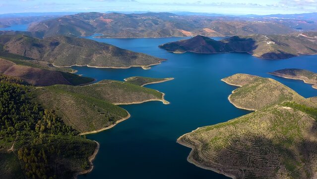 Aerial view from Miradouro da Serpente do Medal, a stunning panoramic view over the Sabor Lakes, namely the Medal Lake and the Sanctuaries Lake. 