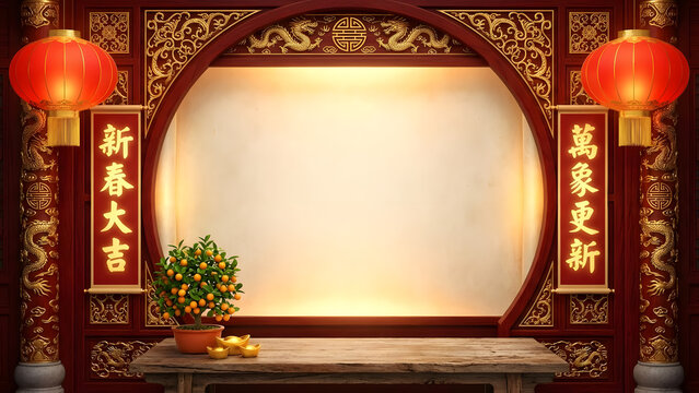 Traditional Chinese interior stage background with red lanterns, mandarin orange tree, and elegant gold carvings.