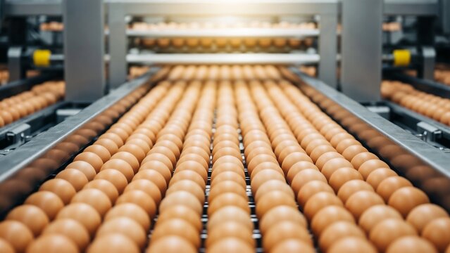 Egg production conveyor line, industrial food processing, poultry quality control and mass production