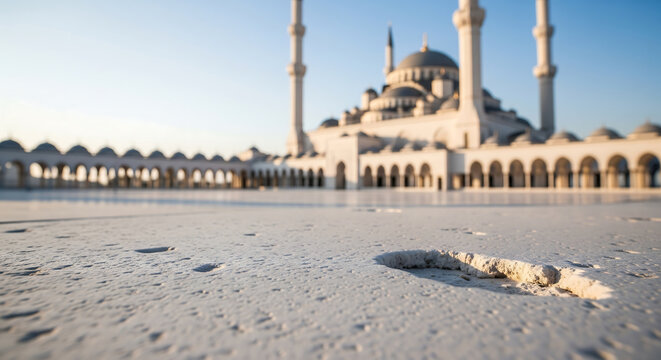 Grand Mosque Architecture: Modern Islamic Building with White Columns and Blue Sky at Sunset. Religious travel destination. - Powered by Adobe