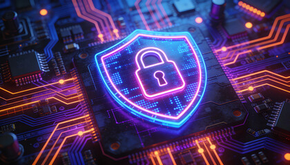glowing holographic shield on a neon-lit circuit board with microchips and circuitry, evoking futuristic digital protection and a secure vigilant atmosphere