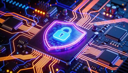 glowing holographic shield on a neon-lit circuit board with microchips and circuitry, evoking futuristic digital protection and a secure vigilant atmosphere