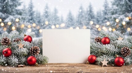 Blank white card copy space framed by festive snow-covered pine branches and bright red ornaments