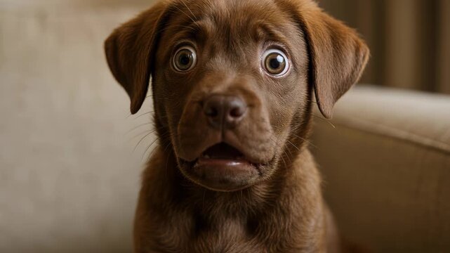 Surprised Puppy: A captivating portrait of a young, chocolate-colored puppy displaying a look of utter surprise and curiosity, making it the perfect image to evoke emotions and capture hearts.