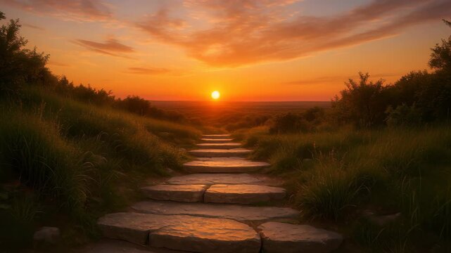 Steps to the Horizon: A breathtaking sunset casts a golden hue over a stone pathway, inviting viewers to embark on a journey towards a beautiful horizon. Evoking feelings of peace and adventure.