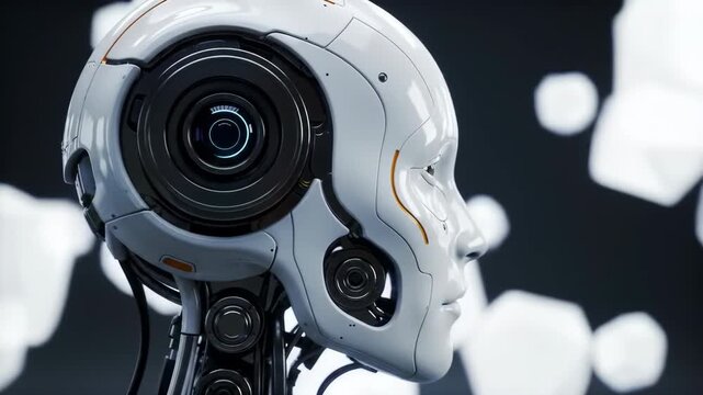 Close-up profile of a white and black android head featuring a camera eye and floating white cubes on a dark background.