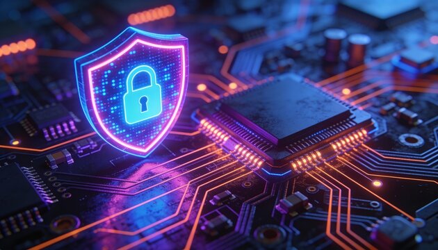 glowing holographic shield on a neon-lit circuit board with microchips and circuitry, evoking futuristic digital protection and a secure vigilant atmosphere - Powered by Adobe