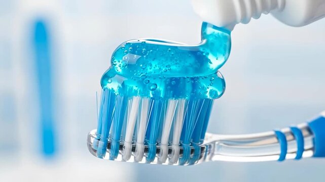 Close-up of a toothbrush with blue gel toothpaste for dental care.