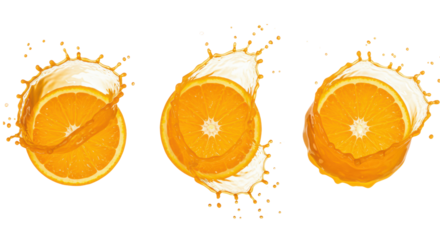 Three perfect orange slices in dynamic, circular juice splashes with flying droplets, isolated on white, showcasing liquid physics, macro close-up. Concept for beverage advertising