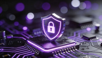 Futuristic security shield with padlock symbol glowing purple above circuit board, digital protection concept showing cyber security and data privacy in neon technology setting