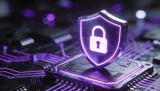 Futuristic security shield with padlock symbol glowing purple above circuit board, digital protection concept showing cyber security and data privacy in neon technology setting - Powered by Adobe