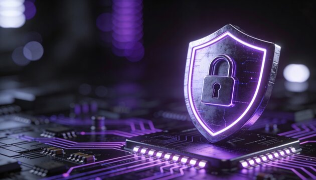 Futuristic security shield with padlock symbol glowing purple above circuit board, digital protection concept showing cyber security and data privacy in neon technology setting - Powered by Adobe