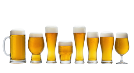 Eleven glass beer vessels with golden lager, thick foam, condensation, studio light, linearly arranged on reflective white infinity cyc wall, commercial beverage advertisement