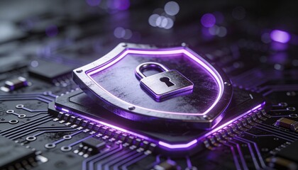 Futuristic security shield with padlock symbol glowing purple above circuit board, digital protection concept showing cyber security and data privacy in neon technology setting