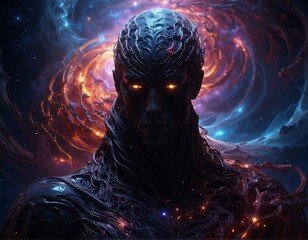 Cosmic being with glowing eyes in swirling nebulae