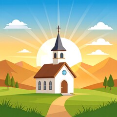 Naklejka premium Cartoon church stands peacefully amid a verdant landscape with mountains and a rising sun in a clear, bright sky