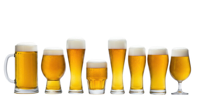 Eleven glass beer vessels with golden lager, thick foam, condensation, studio light, linearly arranged on reflective white infinity cyc wall, commercial beverage advertisement