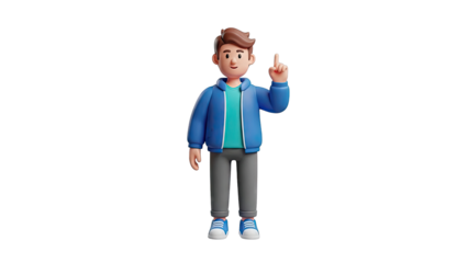 3D Cartoon Man Pointing Finger Up, Idea, Solution