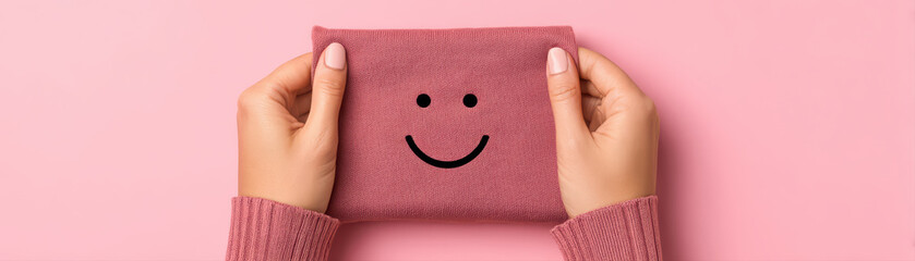 Hands holding soft pink cloth pouch with smiling face, close up, minimal style, fabric texture, cozy mood, pastel background, manicure visible