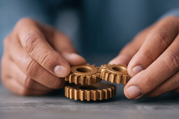 Hands assembling small modular gear pieces creating collaborative mechanical connection with focused close up