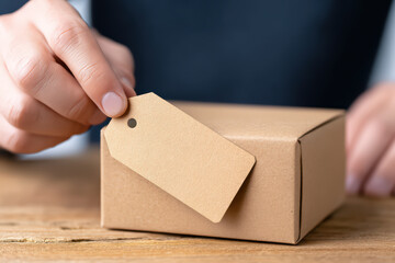 Brown kraft gift tag held by hand over small cardboard box on wooden table conveying shipping label and handmade packaging aesthetic with neutral tone and cozy mood